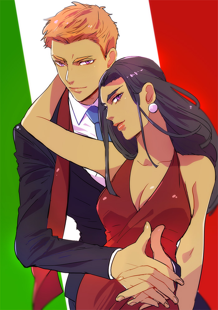 10s, 1boy, 1girl, black_hair, breasts, brother_and_sister, brown_hair, cleavage