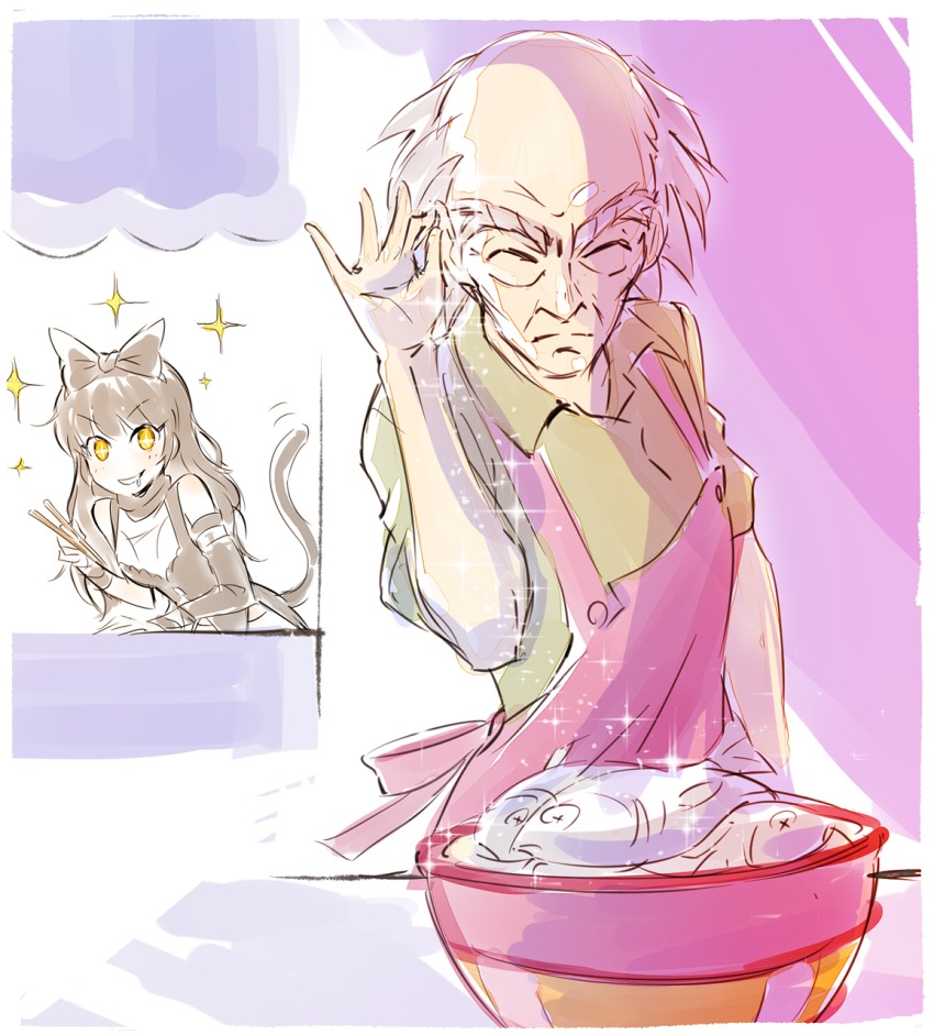 1boy, 1girl, apron, black_hair, blake_belladonna, cat_tail, chopsticks, closed_eyes, drooling, highres, iesupa, meme, rwby, salt, salt_bae_(meme), shopkeeper_(rwby), sparkle, tail, tuna, yellow_eyes