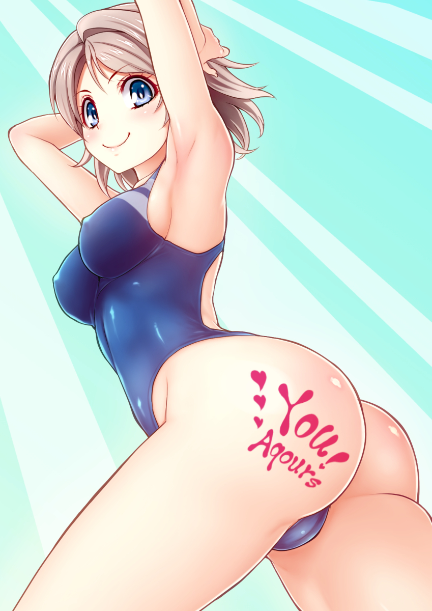 10s, 1girl, armpits, arms_behind_head, arms_up, ass, blue_eyes, blue_one-piece_swimsuit