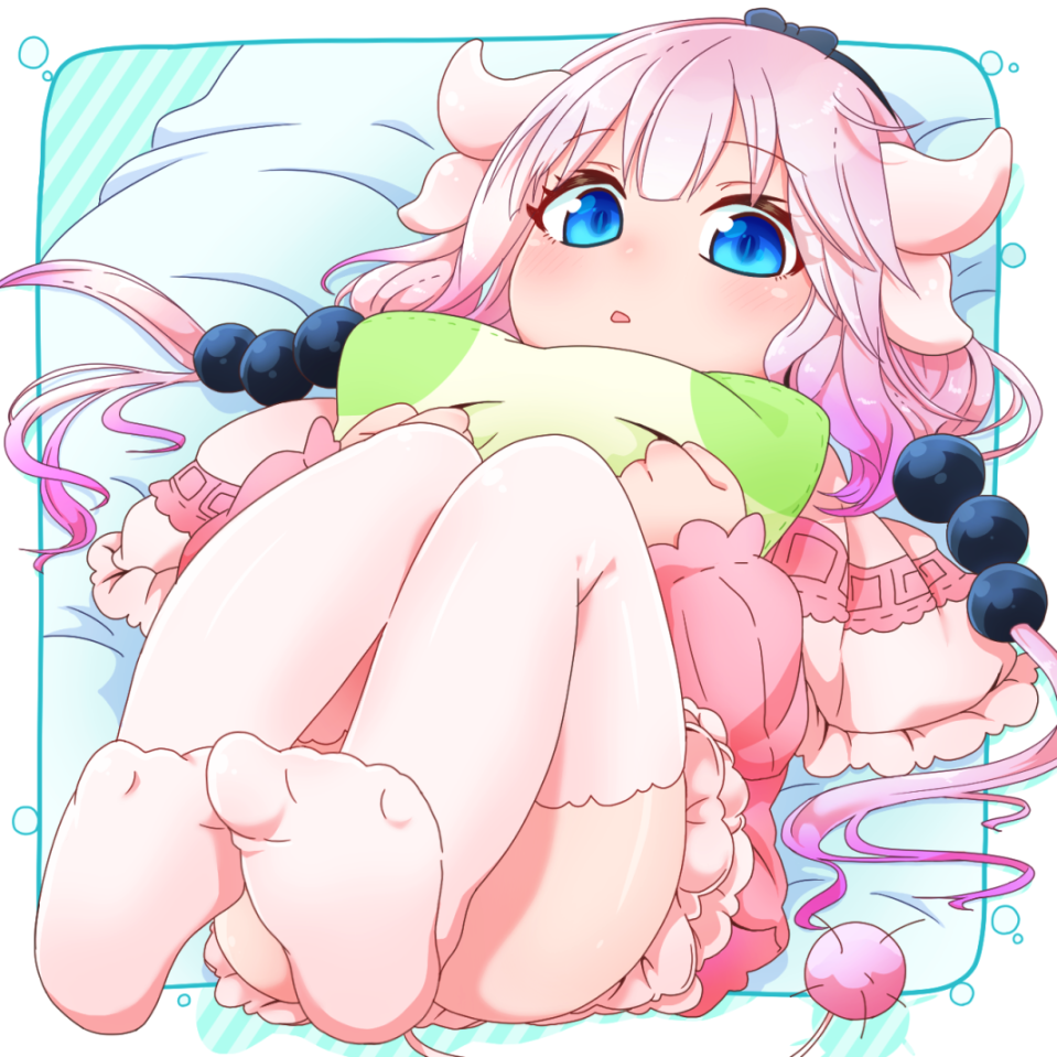 10s, 1girl, bed, bed_sheet, blue_eyes, capelet, commentary_request, dragon_girl