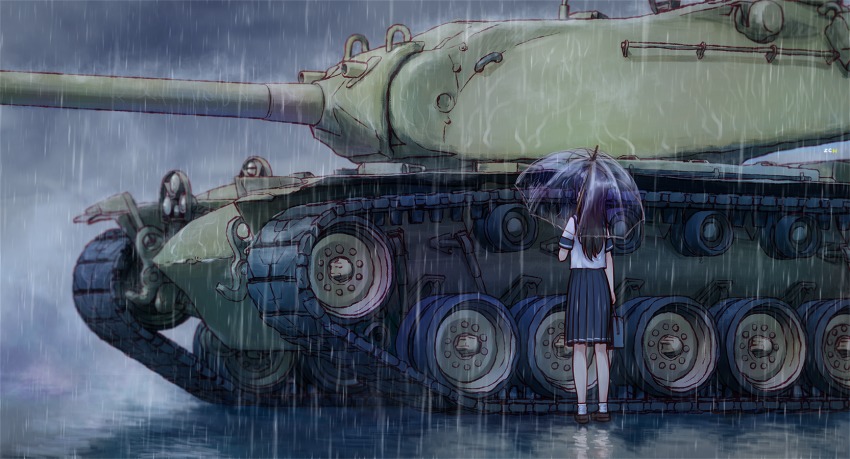 1girl, caterpillar_tracks, highres, m103_heavy_tank, military, military_vehicle, motor_vehicle, original, rain, school_uniform, sharpshooter52, tank, transparent, transparent_umbrella, umbrella