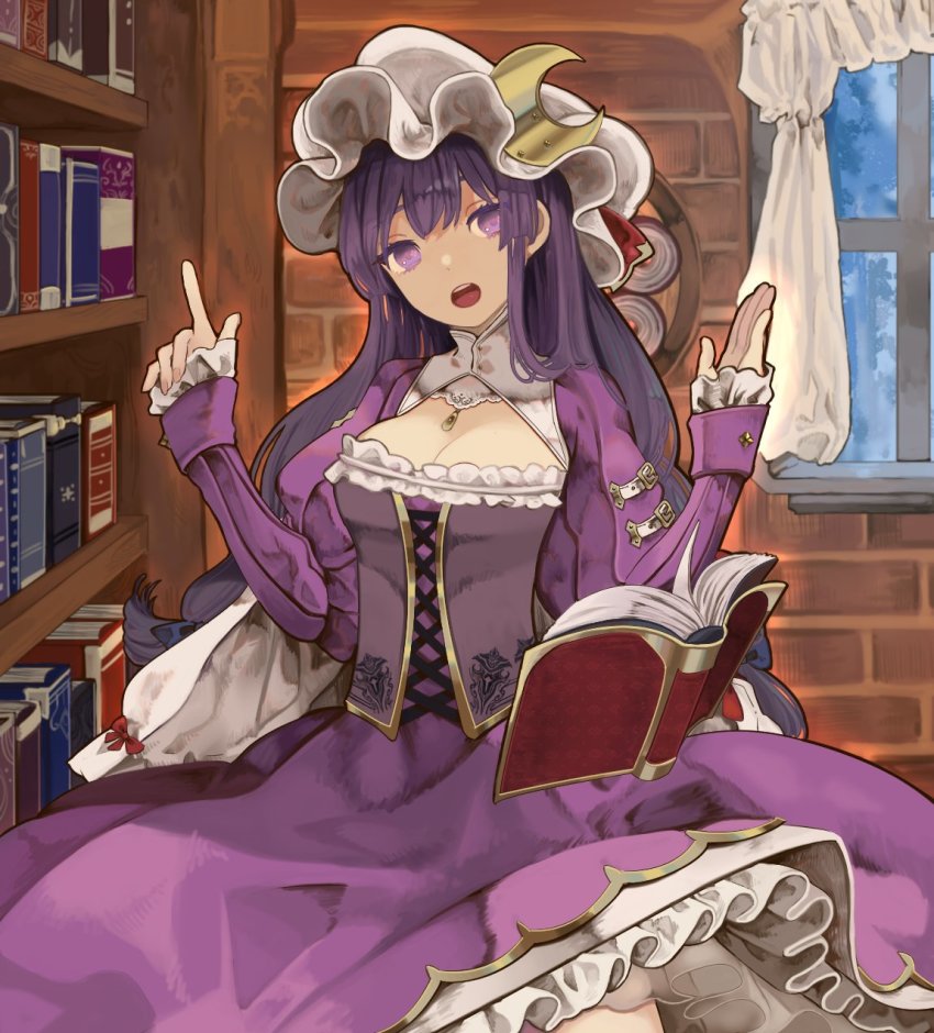 1girl, adapted_costume, bad_id, bad_twitter_id, book, bookshelf, breasts, cleavage, corset, crescent, crescent_hair_ornament, curtains, dress, female_focus, hair_ornament, hat, head_tilt, highres, index_finger_raised, indoors, long_hair, long_sleeves, looking_at_viewer, medium_breasts, mob_cap, open_mouth, patchouli_knowledge, purple_dress, purple_eyes, purple_hair, shi_chimi, solo, touhou, window