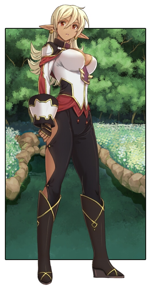 1girl, blonde_hair, boots, breasts, cleavage, dark-skinned_female, dark_elf, dark_skin, earrings, elf, female_focus, fingerless_gloves, full_body, gloves, jenna_kirsty, jewelry, large_breasts, long_hair, pointy_ears, pop-up_story, romu_(rara441423), school_uniform, solo