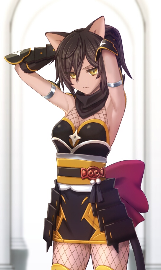 1girl, alternate_hairstyle, animal_ears, brown_hair, cat_ears, cat_girl, cat_tail, dress, female_focus, fishnets, japanese_clothes, ninja, ponytail, pop-up_story, romu_(rara441423), scarf, short_dress, short_hair, solo, suzuna_isurugi, tail, yellow_eyes