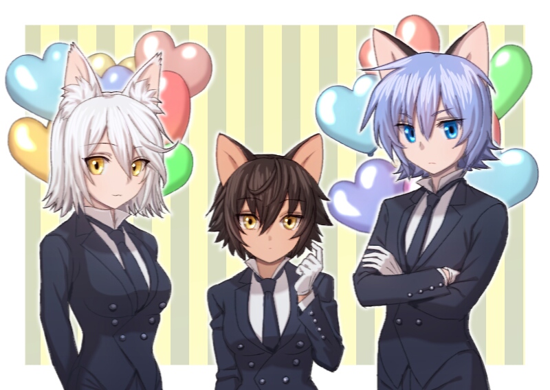 1boy, 2girls, animal_ears, blue_eyes, breasts, brown_hair, butler, cat_ears
