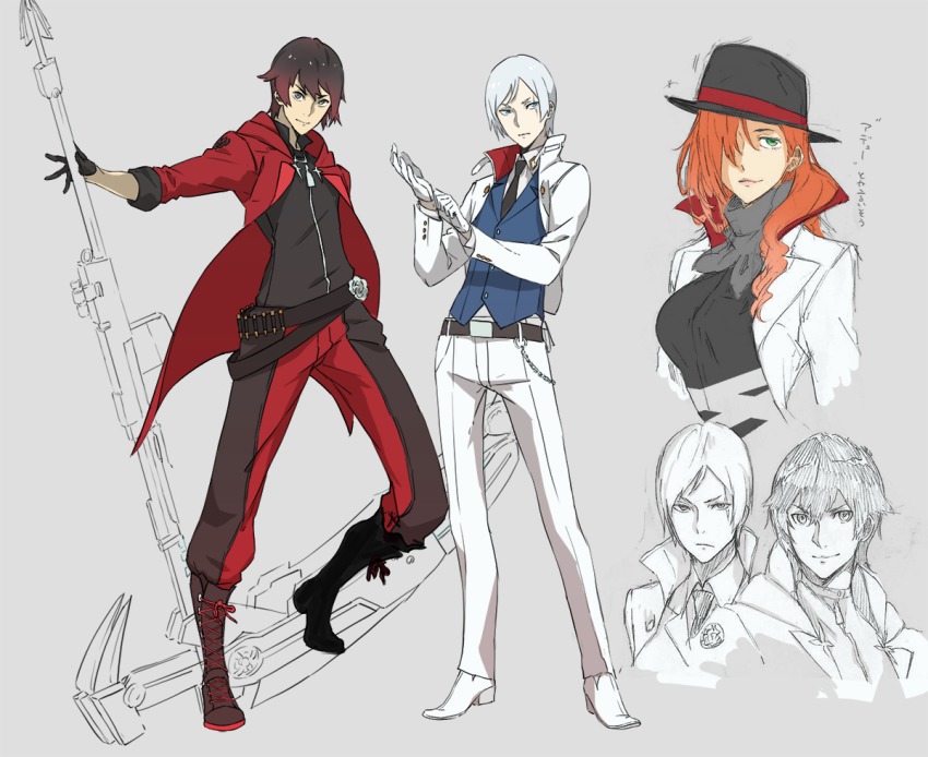 1girl, 2boys, adjusting_clothes, adjusting_gloves, belt, black_gloves, blue_eyes, bowler_hat