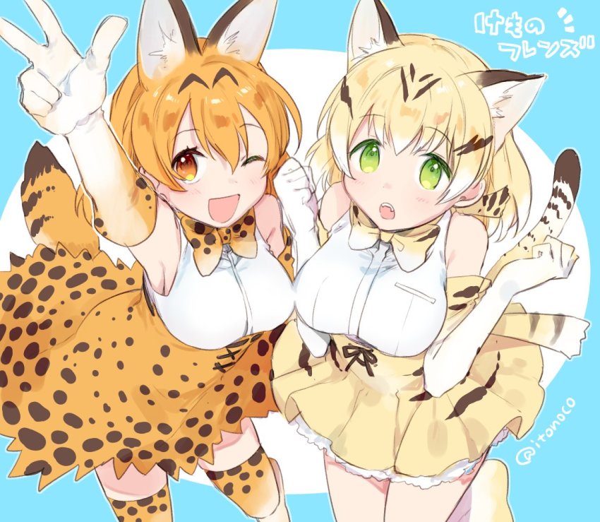10s, 2girls, :o, ;d, ^^^, alternate_eye_color, animal_ears, animal_print