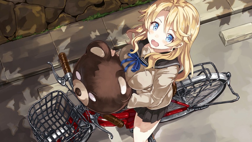 1girl, :d, beige_shirt, bicycle, blonde_hair, blue_eyes, blue_ribbon, blush