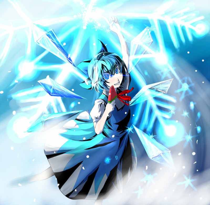 1girl, bad_id, bad_pixiv_id, circled_9, cirno, dress, female_focus, food