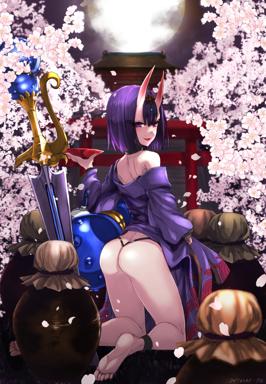 1girl, absurdres, anklet, ass, bare_shoulders, barefoot, black_panties, cherry_blossoms