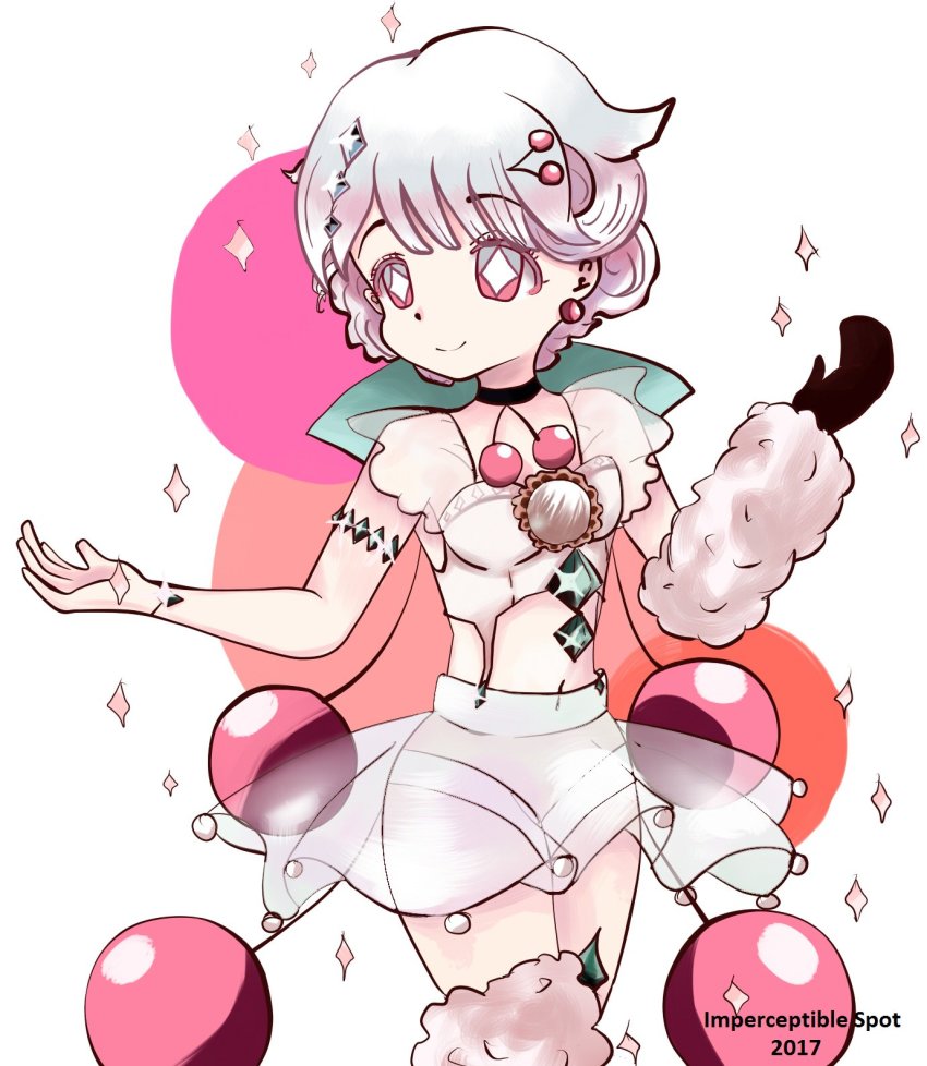 10s, 1girl, 2017, artist_name, cherry, female_focus, food, fruit, gloves, gradient_hair, highres, mahou_shoujo_ikusei_keikaku, mahou_shoujo_ikusei_keikaku_jokers, multicolored_hair, navel, oxiiko, prism_cherry, see-through_clothes, short_hair, single_glove, smile, solo, sparkle