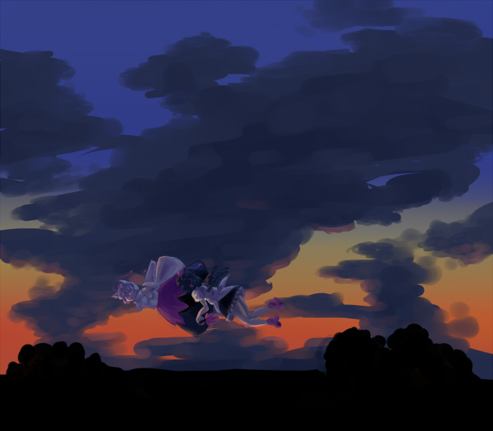 2girls, cloud, female_focus, flying, geta, inubashiri_momiji, mizu_mochi, multiple_girls