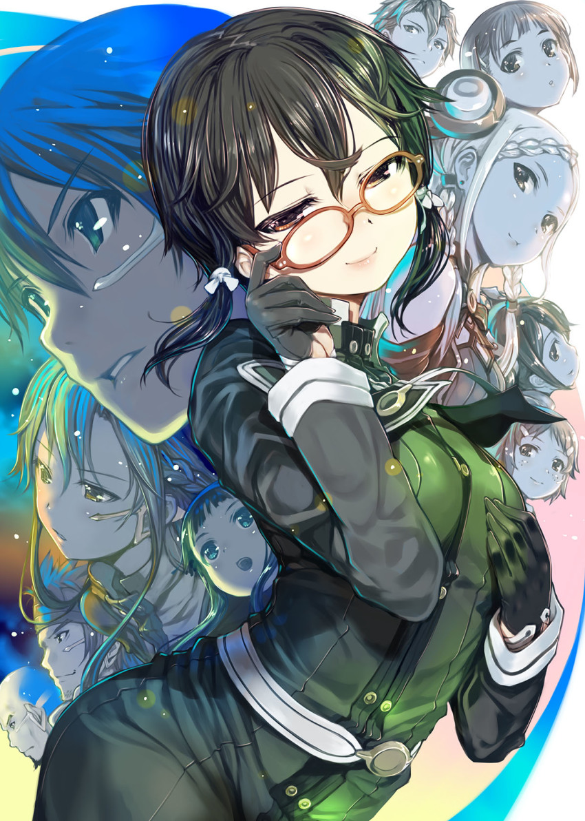 10s, 4boys, 6+girls, agil, asada_shino, asuna_(sao), bald, beard, black_gloves, black_hair, blue_hair, blue_hairband, braid, braided_bangs, character_request, facial_hair, glasses, gloves, hair_ornament, hair_ribbon, hairband, hairclip, head_tilt, highres, kirigaya_suguha, kirito, klein_(sao), lisbeth_(sao), long_hair, looking_at_viewer, mikazuki_akira!, multiple_boys, multiple_girls, parted_lips, red_gloves, ribbon, short_hair, short_hair_with_long_locks, sidelocks, silver_hair, smile, sword_art_online, sword_art_online_the_movie:_ordinal_scale, uniform, white_ribbon, yui_(sao), yuna_(sao)
