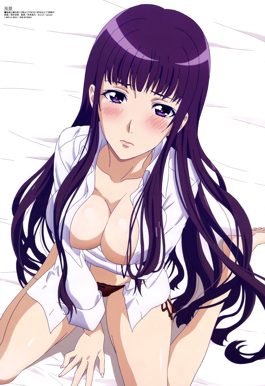 10s, 1girl, absurdres, barefoot, bed_sheet, between_legs, black_panties, blush, breasts, dress_shirt, feet, female_focus, from_above, fuuka, hand_between_legs, highres, iwami_sara, kneeling, large_breasts, long_hair, looking_at_viewer, megami_magazine, official_art, open_clothes, open_shirt, panties, purple_eyes, purple_hair, shimizu_sorato, shirt, side-tie_panties, solo, toes, underwear, very_long_hair, white_shirt