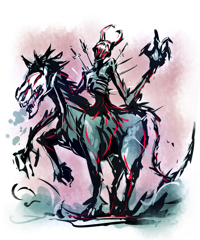 absurdres, arrow_(projectile), grimm_(rwby), highres, horse, iesupa, long_arms, no_humans, nuckelavee, nuckelavee_(rwby), riding, rwby, sharp_teeth, solo, sword, tail, teeth, weapon