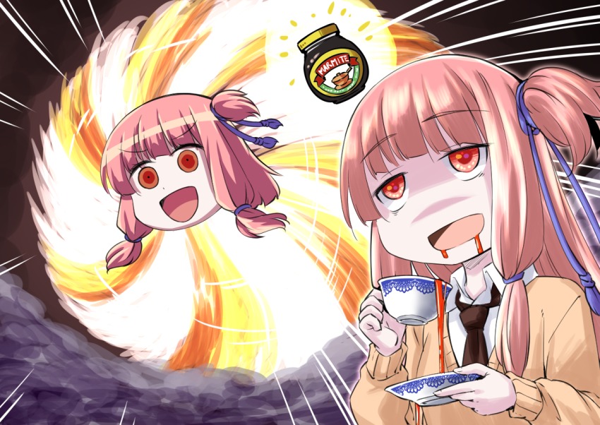 1girl, choukyuu_haou_den'eidan, comic, commentary_request, cup, drooling, female_focus, g_gundam