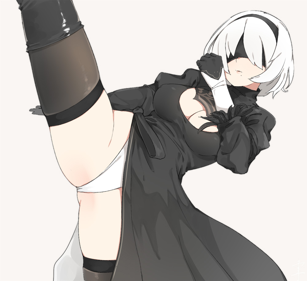 1girl, 2b_(nier:automata), black_boots, black_dress, black_gloves, black_hairband, black_ribbon, black_thighhighs