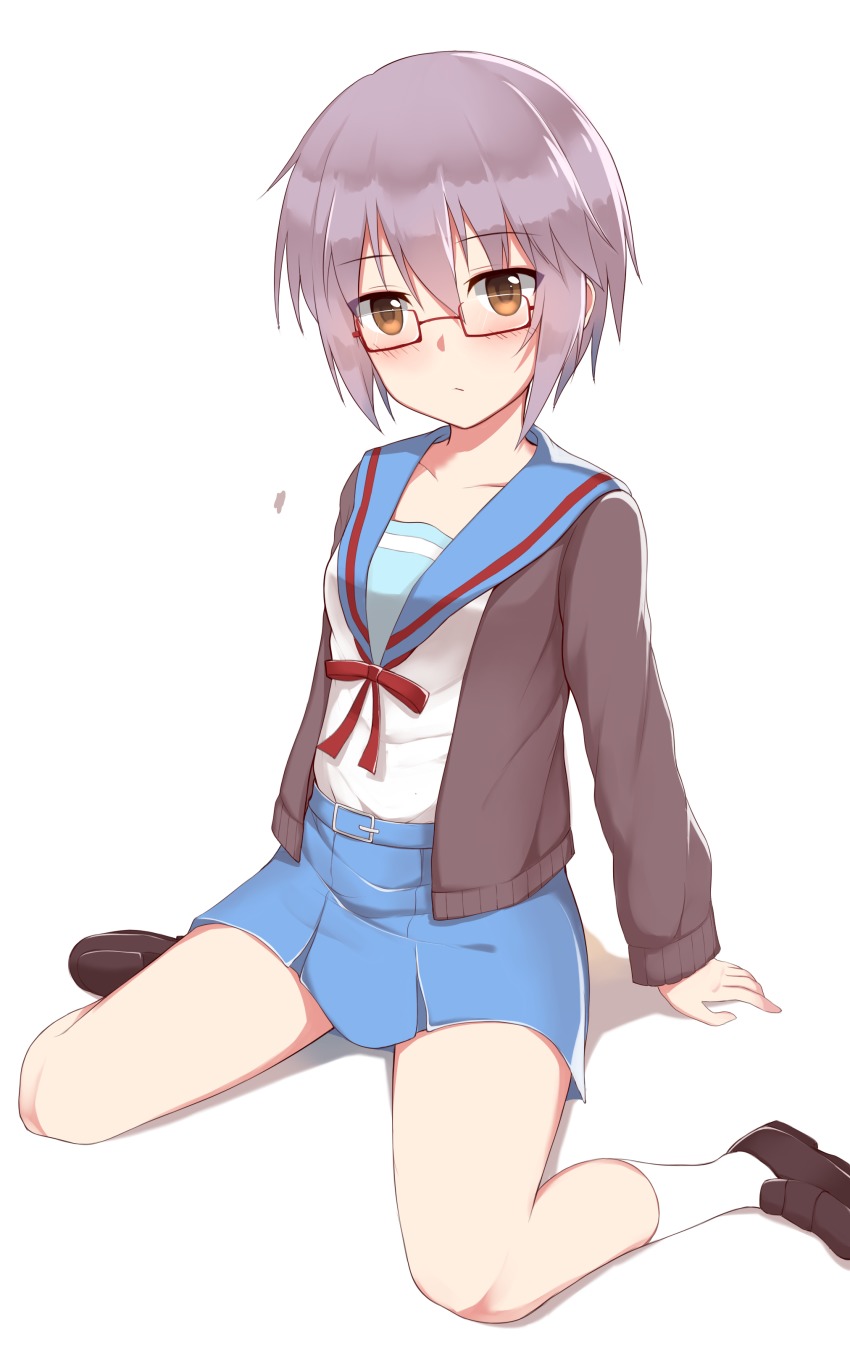 1girl, absurdres, arms_at_sides, blazer, blue_skirt, blush, brown_eyes, brown_jacket