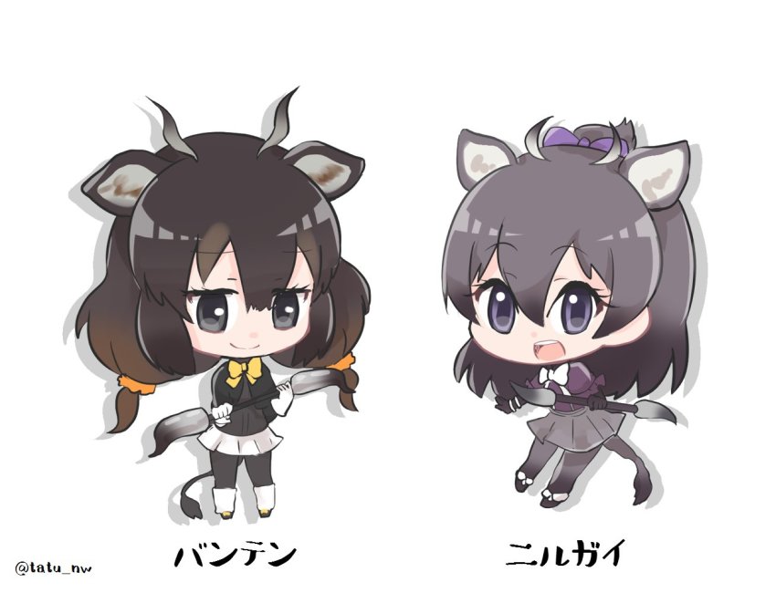 10s, 2girls, :d, animal_ears, ankle_socks, antlers, banteng_(kemono_friends), black_eyes