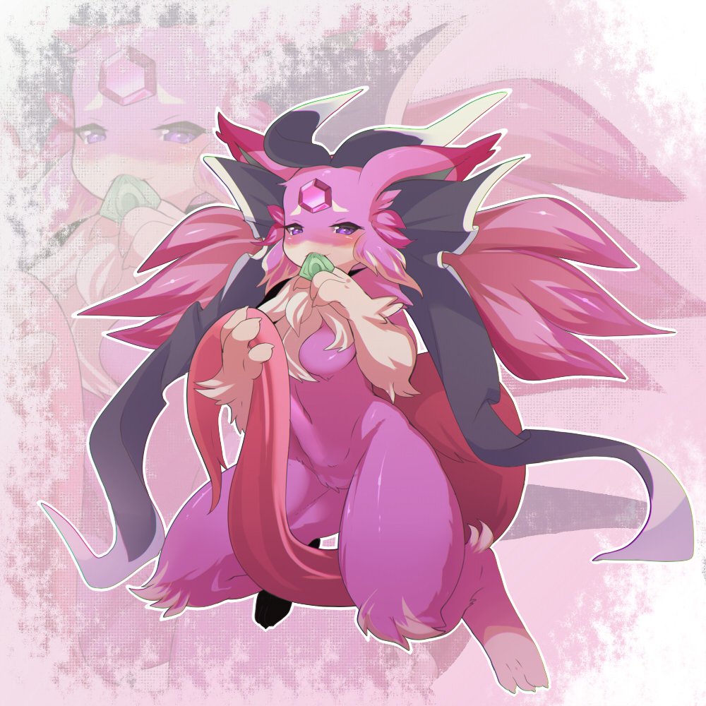 1girl, breasts, condom, condom_wrapper, female_focus, forehead_jewel, furry, furry_female