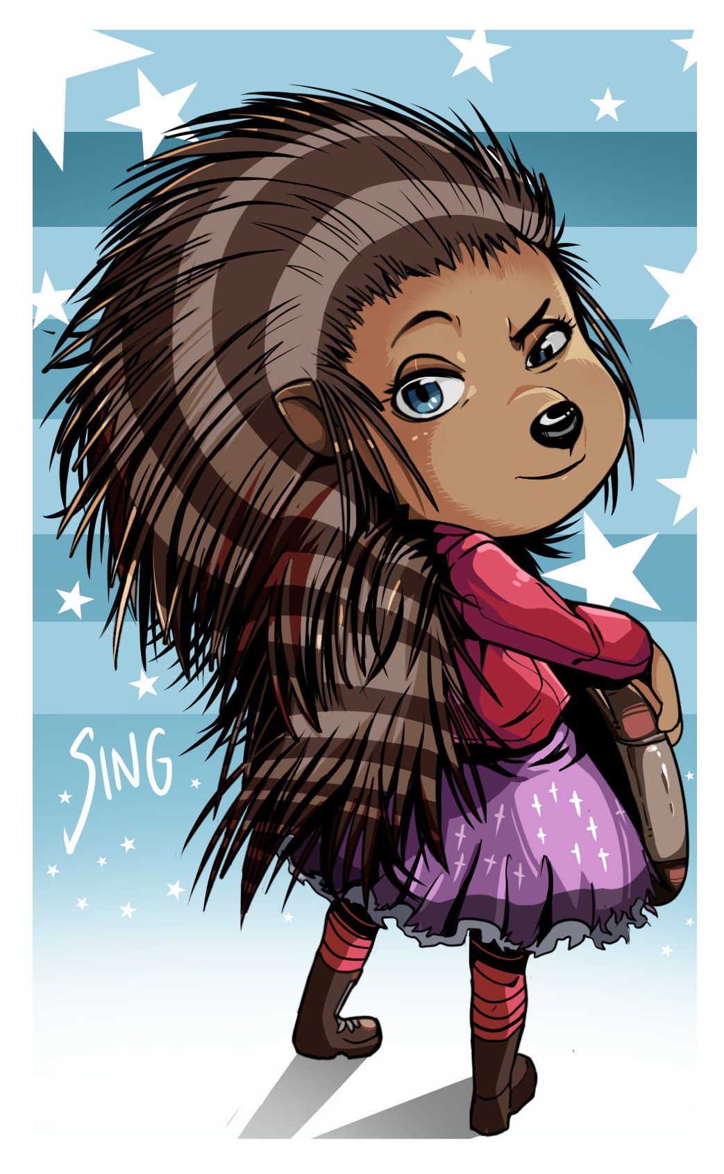 1girl, artist_request, ash_(sing), blue_eyes, brown_hair, furry, highres, looking_at_viewer