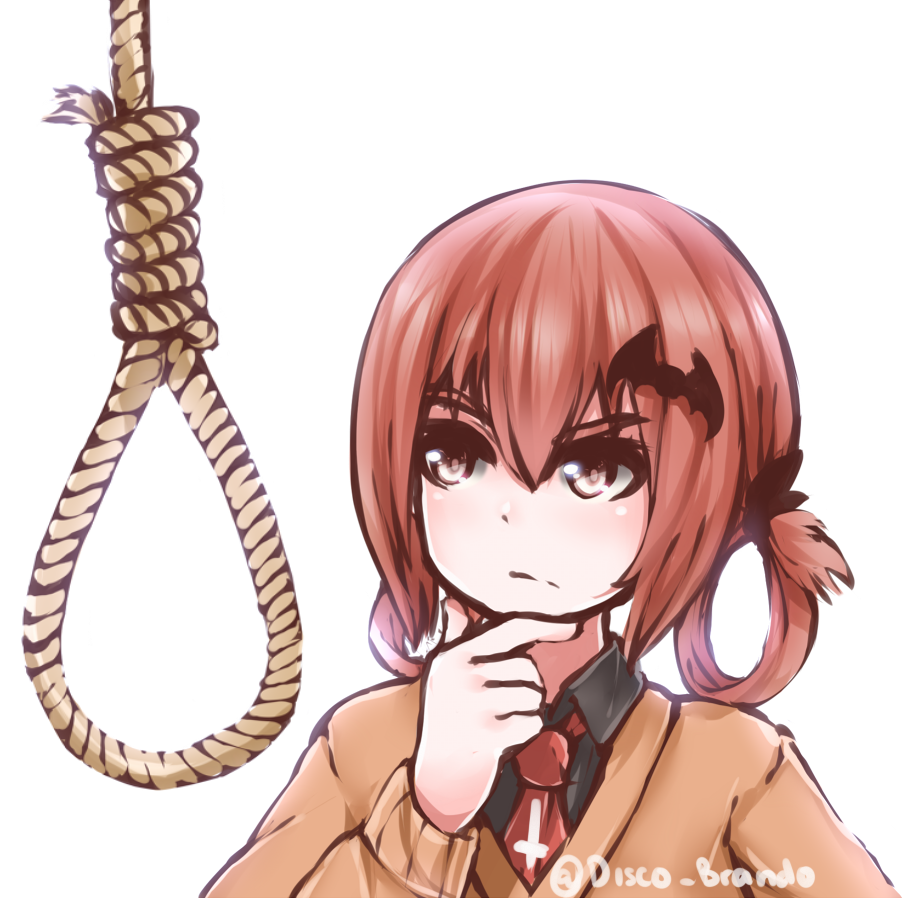 10s, 1girl, artist_name, bat_hair_ornament, cardigan, disco_brando, female_focus, gabriel_dropout, hair_ornament, hair_rings, hand_on_own_chin, man_looking_at_noose_(meme), meme, necktie, noose, red_hair, rope, satanichia_kurumizawa_mcdowell, school_uniform, simple_background, solo, stroking_own_chin, thinking, transparent_background, twitter_username, white_background