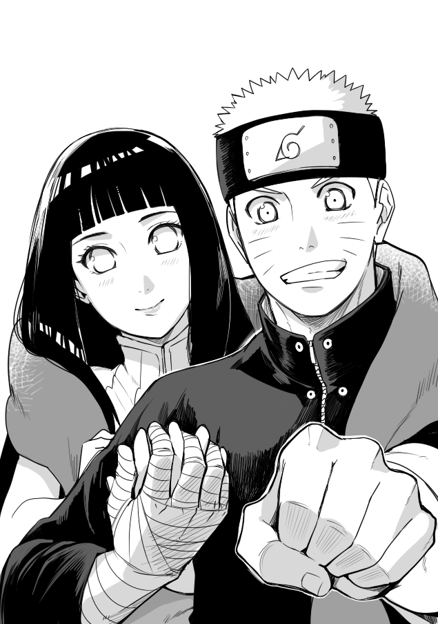 1boy, 1girl, bad_id, bad_pixiv_id, bandaged_arm, bandages, black_hair, couple, facial_mark, forehead_protector, greyscale, grin, hetero, holding_hands, hyuuga_hinata, monochrome, naruto:_the_last, naruto_(series), satomi_(n-s_freedom), scarf, shared_clothes, shared_scarf, smile, uzumaki_naruto, whisker_markings