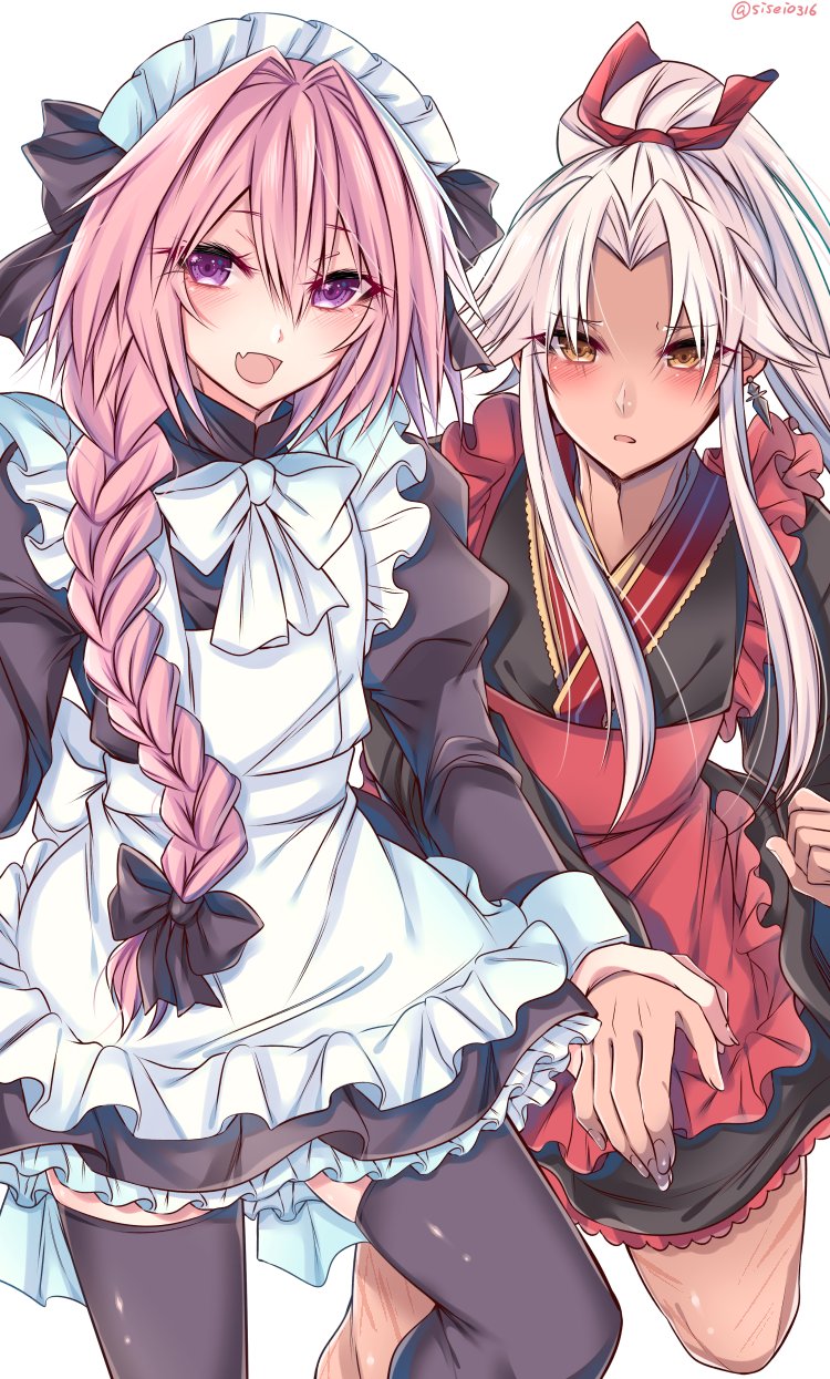 2boys, alternate_costume, amakusa_shirou_(fate), amakusa_shirou_(third_ascension)_(fate), apron, astolfo_(fate), crossdressing, crossdressing_(mtf)