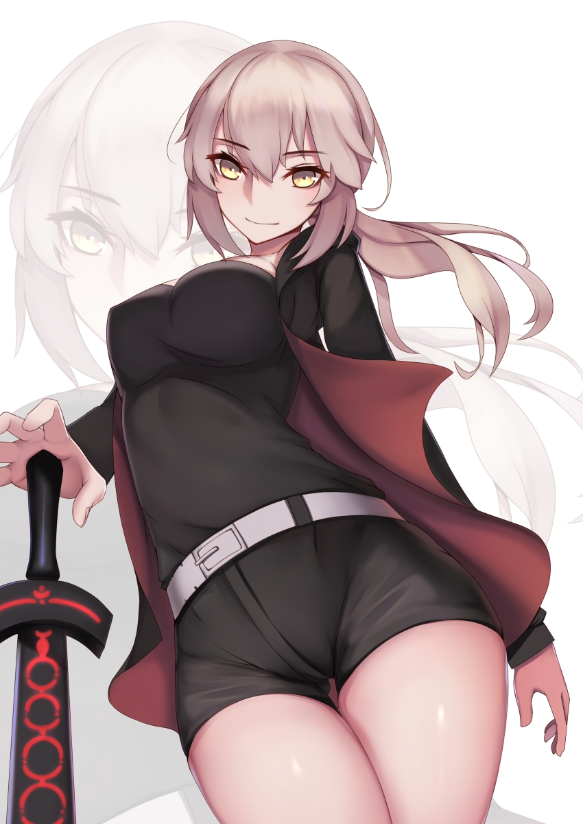 1girl, absurdres, artoria_pendragon_(fate), bad_id, bad_pixiv_id, ban_bu_bu_duou, belt, black_shorts