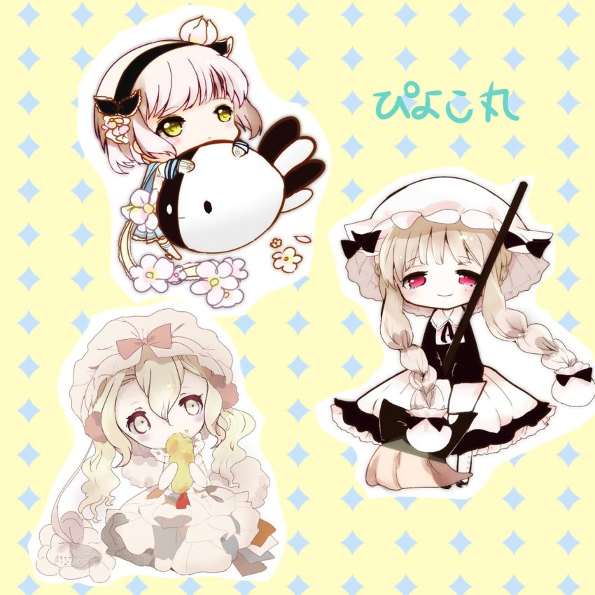 10s, 3girls, blonde_hair, bow, braid, broom, chibi, eating