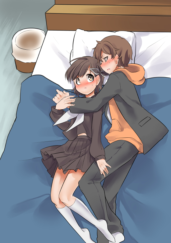 10s, 1boy, 1girl, bed, black_hair, blush, brown_hair, couple