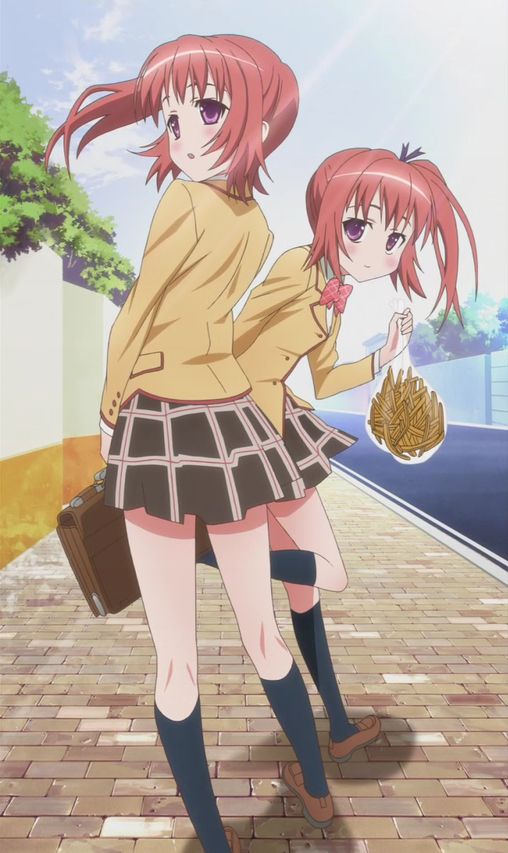 00s, anime_screenshot, bag, bread_crust, food, french_fries, kanokon, kneehighs