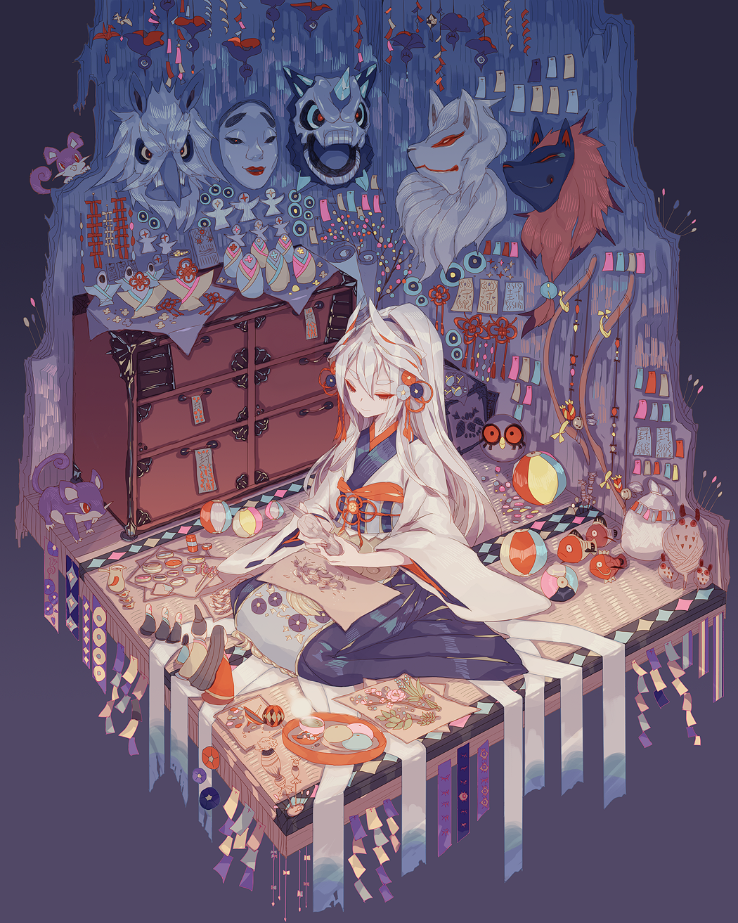 1girl, absurdly_detailed_composition, alternate_color, argyle, bad_id, bad_pixiv_id, ball, beachball, black_hairband, black_skirt, bow_(weapon), branch, cherry_blossoms, chingling, closed_mouth, cup, doll, drawer, earrings, flower, food, fox_mask, full_body, gen_1_pokemon, gen_2_pokemon, gen_3_pokemon, gen_4_pokemon, gen_5_pokemon, glalie, green_tea, hair_between_eyes, hair_ornament, hair_ribbon, hairband, hakama, hakama_skirt, half-closed_eyes, helmet, highres, holding, hoothoot, indoors, japanese_clothes, jewelry, kimono, knife, leaf, light, loaded_interior, long_hair, long_skirt, long_sleeves, looking_at_viewer, magikarp, mask, mega_glalie, mega_pokemon, mochi, ninetales, nintendo, noh_mask, origami, paint, paper, paper_crane, personification, pin, pink_flower, plant, plate, pleated_skirt, pokemon, pokemon_(creature), rattata, red_eyes, ribbon, room, sack, sash, sawk, scroll, shiftry, shiny_clothes, shiny_pokemon, short_eyebrows, shuppet, sidelocks, sitting, skirt, smile, spinning_top, spool, steam, suana, tassel, tea, teruterubouzu, thick_eyebrows, tray, unworn_mask, wagashi, wariza, weapon, white_hair, whittling, wide_sleeves, wood, wooden_floor, zoroark