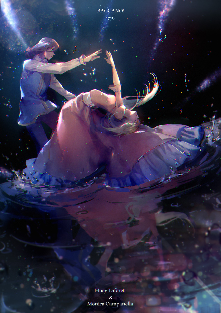 1boy, 1girl, arched_back, baccano!, blonde_hair, blue_vest, brown_hair, character_name