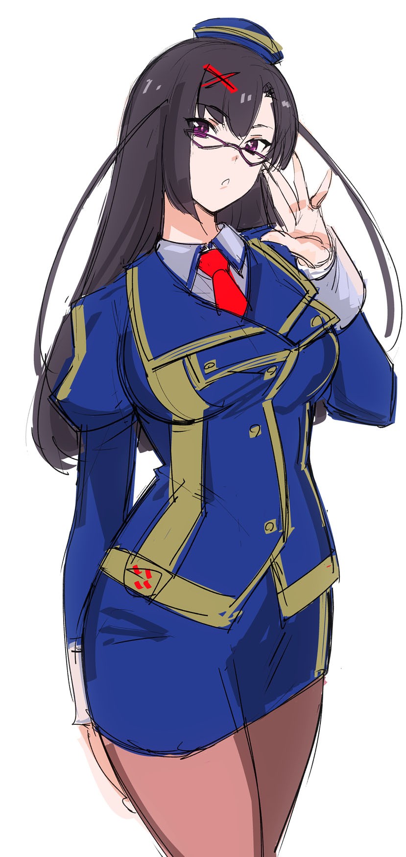 10s, 1girl, black_hair, breasts, female_focus, glasses, hat, highres