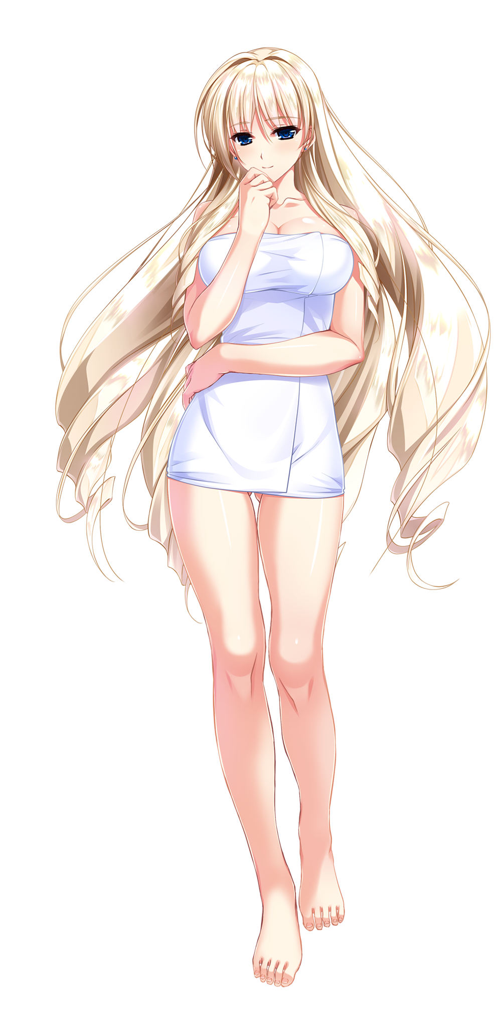 1girl, amasaka_takashi, barefoot, blonde_hair, blue_eyes, breasts, cleavage, earrings