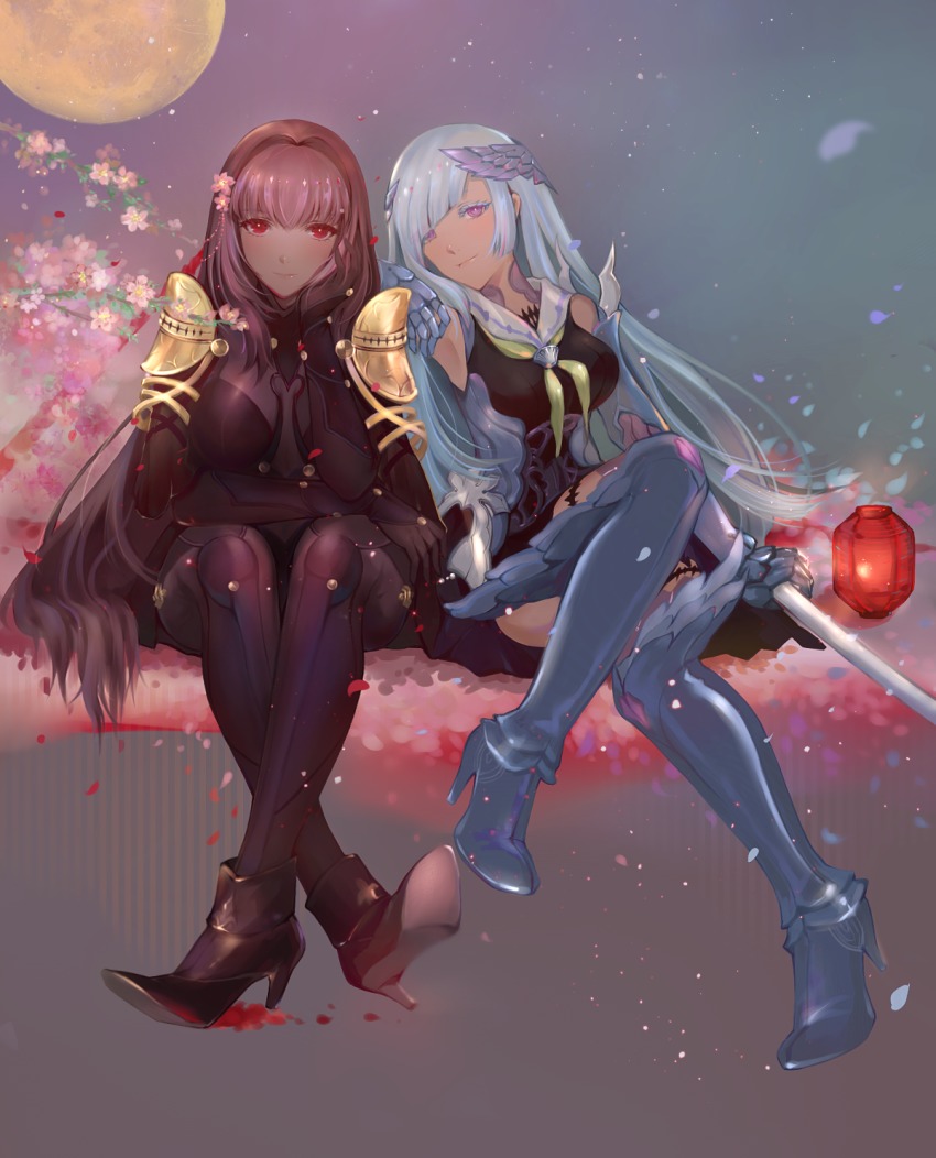 2girls, armor, bare_shoulders, blue_hair, blush, bodysuit, boots, breasts, brynhild_(fate), fate/grand_order, fate/prototype, fate/prototype:_fragments_of_blue_and_silver, fate_(series), flower, gauntlets, headgear, highres, lapis_(13567118), large_breasts, long_hair, looking_at_viewer, moon, multiple_girls, night, pauldrons, polearm, purple_bodysuit, purple_eyes, purple_hair, red_eyes, scathach_(fate), shoes, shoulder_armor, silver_hair, skirt, smile, spear, thighhighs, very_long_hair, voice_actor_connection, weapon