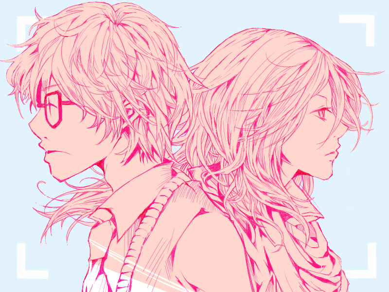 1boy, 1girl, blue_background, closed_eyes, glasses, kanata_(mizubenisumutori), kiriyama_rei, kouda_kyouko, long_hair, looking_to_the_side, necktie, pink_theme, portrait, profile, sangatsu_no_lion