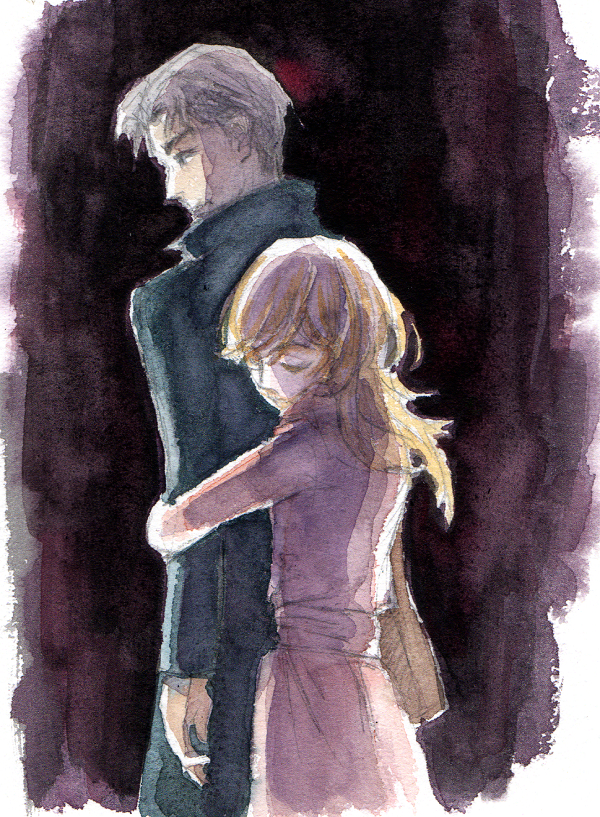 1boy, 1girl, bag, coat, closed_eyes, formal_clothes, gotou_masamune, grey_hair, handbag, hetero, hug, kouda_kyouko, light_brown_hair, long_hair, looking_back, mita_katsuyuki, painting_(medium), pink_coat, sangatsu_no_lion, standing, suit, traditional_media, watercolor_(medium)