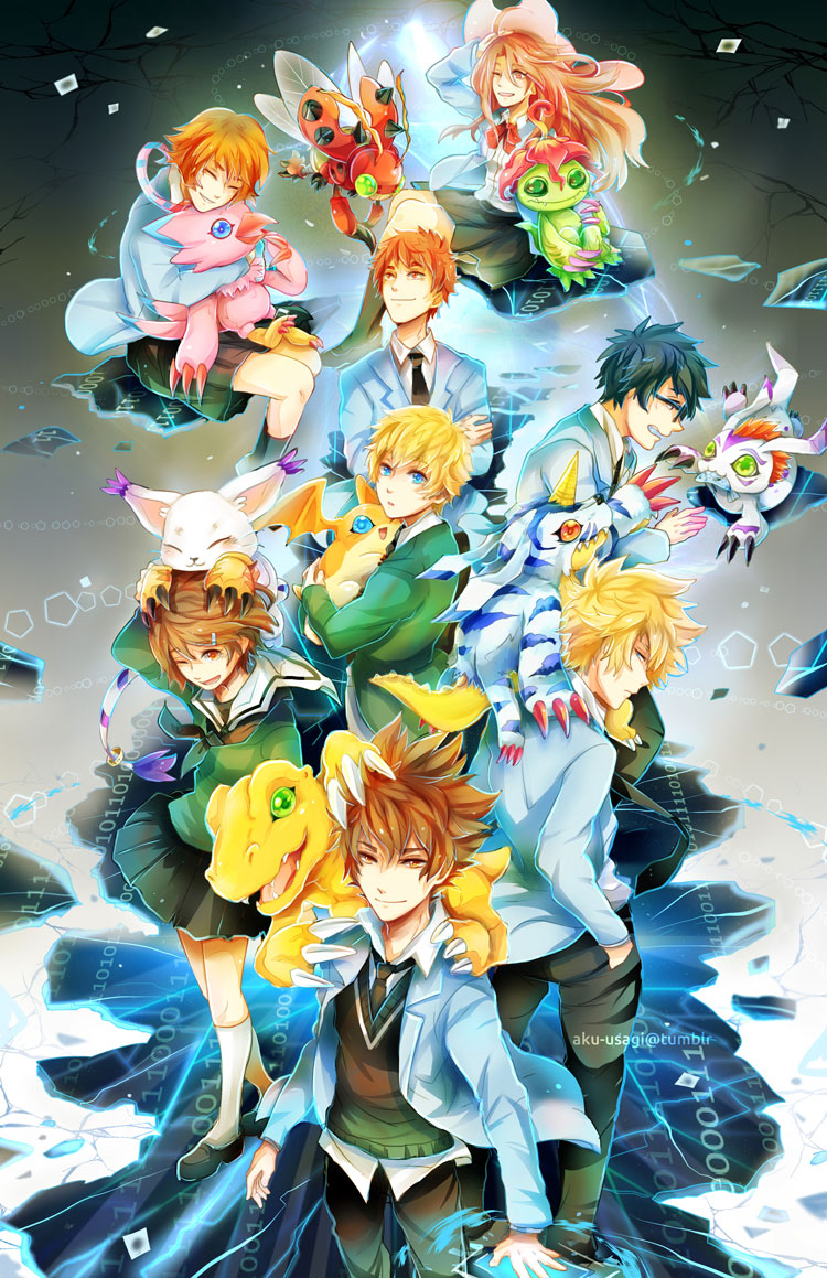 10s, agumon, aku-usagi, brown_eyes, brown_hair, digimon, digimon_(creature), digimon_adventure