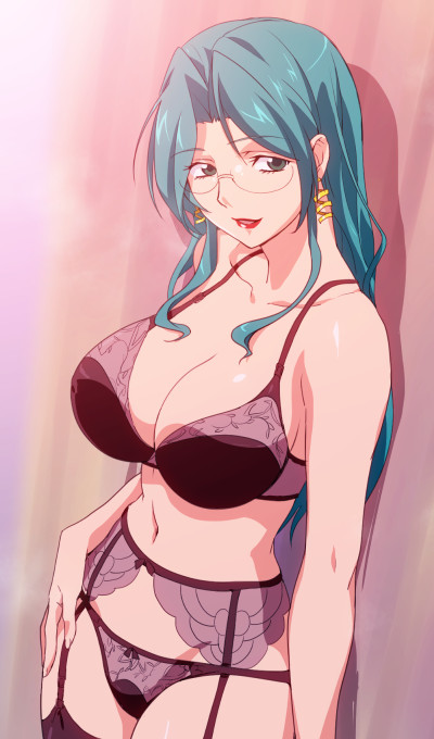 1girl, aqua_eyes, aqua_hair, bra, breasts, cowboy_shot, earrings, female_focus, garter_belt, garter_straps, glasses, hand_on_own_hip, jewelry, lace, lace-trimmed_bra, lace-trimmed_panties, lace_trim, large_breasts, lingerie, lipstick, makeup, mature_female, navel, panties, randou_serika, rimless_eyewear, solo, super_real_mahjong, underwear, underwear_only