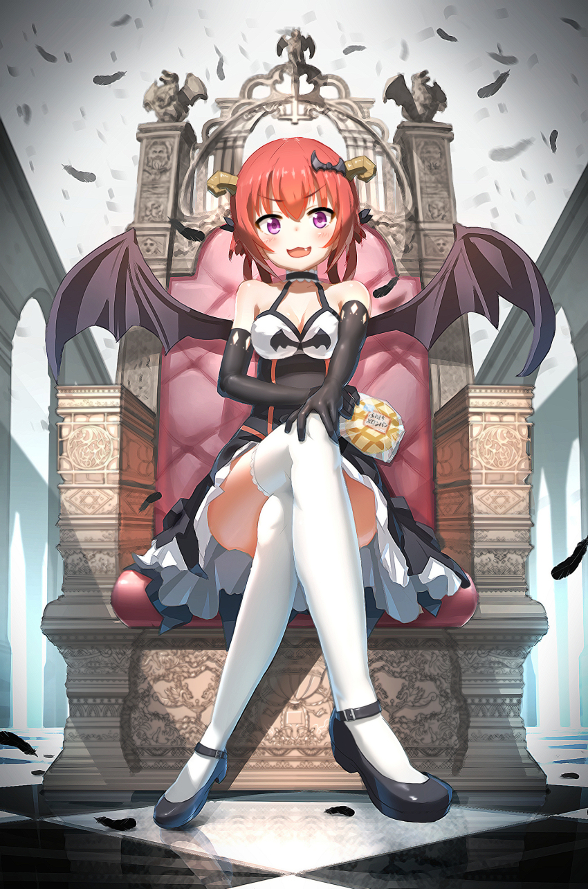 >:3, 10s, 1girl, :3, absurdres, ayatarosu, bare_shoulders, bat_hair_ornament, black_dress, black_feathers, black_gloves, black_shoes, blush, bread, breasts, checkered_floor, cleavage, collarbone, column, crossed_legs, demon_girl, demon_horns, demon_wings, dress, elbow_gloves, fang, feathers, female_focus, food, foreshortening, frills, from_below, full_body, gabriel_dropout, gargoyle, gloves, hair_ornament, hair_rings, halter_dress, halterneck, hand_on_own_knee, highres, holding, holding_food, horns, indoors, long_hair, looking_at_viewer, medium_breasts, melon_bread, on_throne, open_mouth, petticoat, pillar, purple_eyes, red_hair, reflection, satanichia_kurumizawa_mcdowell, shadow, shoes, sitting, smile, solo, thighhighs, throne, tsurime, v-shaped_eyebrows, white_thighhighs, wings