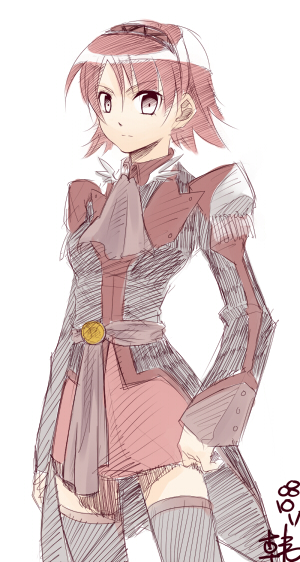 1girl, female_focus, genderswap, genderswap_(mtf), jouslain_tytania, short_hair, sketch, solo, thighhighs, tytania