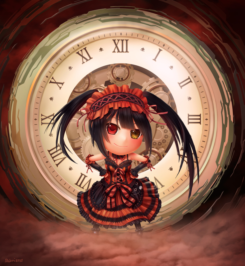 10s, 1girl, black_hair, chibi, clock, date_a_live, dej_(shiori2525), detached_sleeves