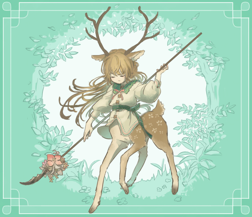 1girl, animal_ears, antlers, brown_hair, centauroid, closed_eyes, deer_ears, female_focus