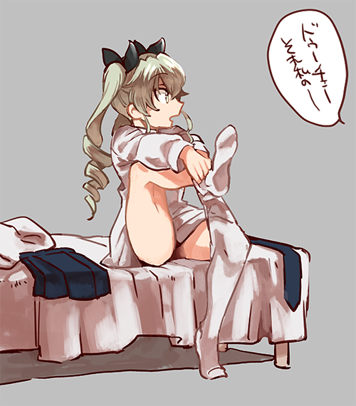 10s, 1girl, anchovy_(girls_und_panzer), bed, black_necktie, black_ribbon, black_skirt, clothes_pull, commentary, dress_shirt, dressing, drill_hair, female_focus, full_body, girls_und_panzer, green_hair, grey_background, hair_ribbon, leg_up, long_hair, long_sleeves, looking_at_another, miniskirt, necktie, oono_imo, pantyhose, parted_lips, pillow, pleated_skirt, ribbon, school_uniform, shirt, simple_background, sitting, skirt, solo, translated, twin_drills, twintails, unworn_necktie, unworn_skirt, white_pantyhose, white_shirt