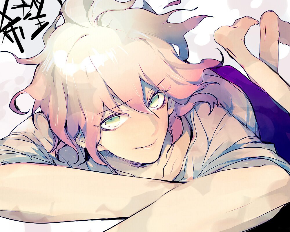 10s, 1boy, barefoot, danganronpa_(series), feet, green_eyes, komaeda_nagito, lips