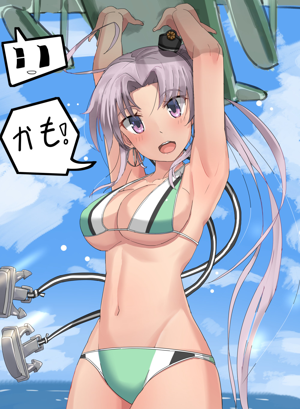 10s, 1girl, ahoge, aircraft, airplane, akitsushima_(kancolle), alternate_costume, armpits