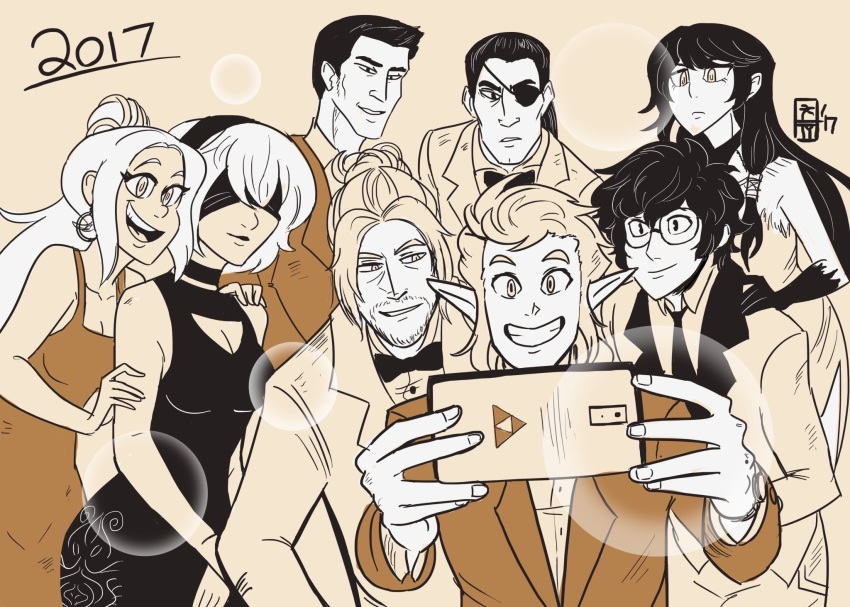 10s, 3girls, 5boys, black_hair, bow, bowtie, breasts, character_request, earrings, eyepatch, glasses, gravity_daze, headband, highres, jewelry, kiryu_kazuma, kitten_(gravity_daze), link, long_hair, majima_goro, multiple_boys, multiple_girls, necktie, nier, nier_(series), nintendo, nioh, persona, persona_5, phone, ryuu_ga_gotoku_(series), ryuu_ga_gotoku_0, smile, tagme, tales_of_(series), tales_of_berseria, the_legend_of_zelda, the_legend_of_zelda:_breath_of_the_wild, velvet_crowe, white_hair, william_(nioh)