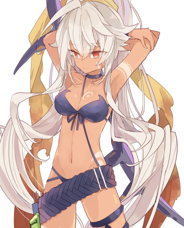 10s, 1girl, albino, armpits, arms_behind_head, arms_up, belt, belt_skirt, bikini, blue_bikini, breasts, cleavage, closed_mouth, cowboy_shot, dark-skinned_female, dark_skin, female_focus, grey_hair, hair_between_eyes, legs_apart, long_hair, looking_to_the_side, medium_breasts, merc_storia, navel, phoenix0, red_eyes, revealing_clothes, sakyura_(merc_storia), simple_background, solo, swimsuit, very_long_hair, white_background